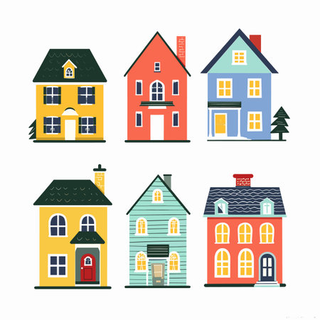 Colorful cartoon houses collection set, various architectural styles, residential buildings design, urban suburb homes, isolated white background. Cute city dwellings, real estate, vibrant vectorのイラスト素材