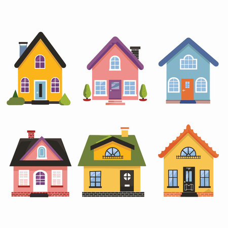 Set six colorful cartoon houses, different architecture styles. Suburban homes collection, flat design. Residential houses, vector illustration, isolated white backgroundのイラスト素材