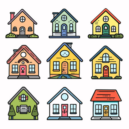 Colorful cartoon houses set against isolated white background. Different home designs include varied roof shapes, door styles, windows, chimneys, house features its own unique color schemeのイラスト素材