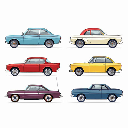 Collection six classic cars various colors, side view, isolated. Vintage vehicle set, detailed design, retro automobiles white. Collectors automotive showcase, colorful car illustrationsのイラスト素材