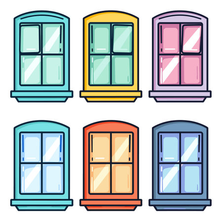 Colorful cartoonstyle windows set isolated white background. Collection various house windows, vibrant frames, different shapes designs. Six stylized windows, architecture, home exterior detailsのイラスト素材