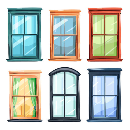 Set colorful vintage windows, architectural details, various designs. Cartoon style vector illustration windows, home exterior elements. Variety window frames, retro building features, vibrantのイラスト素材