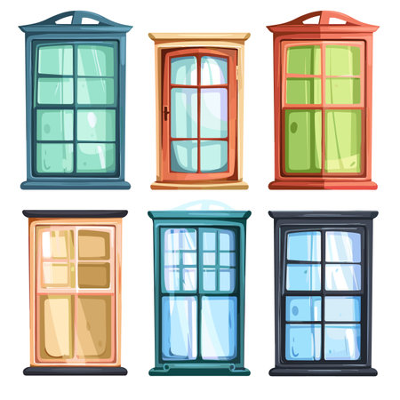 Set colorful vintage windows, cartoon style design, architecture elements. Six different window frames, varied shapes colors, glass panes visible. Varied building windows, isolated white backgroundのイラスト素材