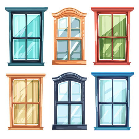 Five colorful vintage windows cartoon style isolated white background. Set diverse classic architectural design elements vibrant hues. Retro house windows collection blue, red, orange, yellow framesのイラスト素材