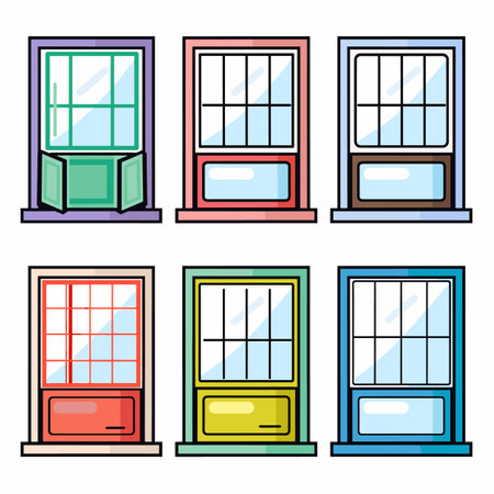 Collection colorful windows various designs. Six square windows two rows, featuring different colors pane styles. Cartoon architecture vector illustration isolated white backgroundのイラスト素材