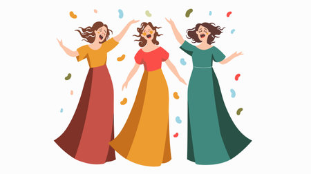 Three joyful women dancing celebrating together amidst colorful confetti, woman wears different colored long dress red, yellow, green, flowing hair. Celebration, happiness, friendship vibrant vectorのイラスト素材