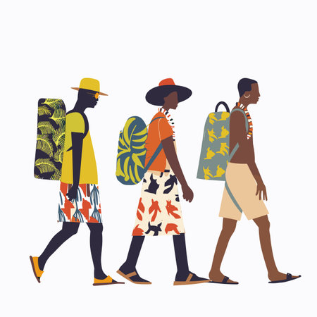 Three African travelers walking side side, carrying bags. Vibrant tropical clothing fashionable hats travelers, modern style. Profile view individuals casual summerwear, journey themeのイラスト素材