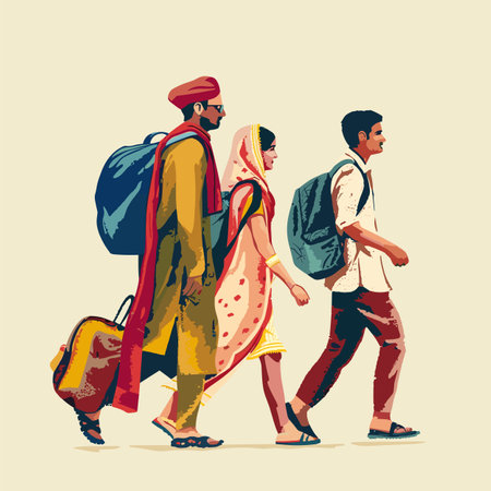 Three Indian travelers walking side side, carrying luggage. Man turban, sunglasses, beard, backpack, traditional Indian attire walks next woman yellow sari, bangles, adorned jewelry. Young maleのイラスト素材