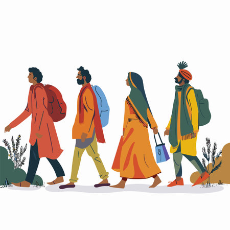 Three people walking side side, one woman two men, appear South Asian, wearing warm clothing carrying backpacks. Profiles diverse individuals, depicting motion, outdoors, woman wearing traditionalのイラスト素材