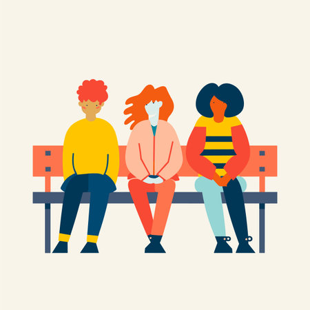 Three people sitting bench, park setting, social distancing. Middle person wearing face mask, flanked friends, health safety. Casual clothing, diverse group, urban environment, public seatingのイラスト素材