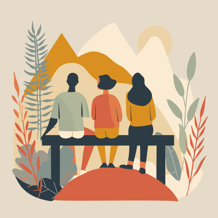 Three individuals seated bench, overlooking mountains. Casual outdoor scene, friends enjoying nature. Warm color palette, abstract nature backdropのイラスト素材
