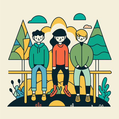 Three young friends sitting bench park, sunny day, casual wear, smiling faces, multicultural group. Park scene stylized trees, bushes, sun, clouds, simple shapes, colorful. Flat design vectorのイラスト素材