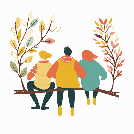 Three friends sitting branch, autumn scenery, diverse people enjoying nature together, serene friendship moment. Back view diverse ethnic group, casual clothing, illustration unity leisure outdoorsのイラスト素材