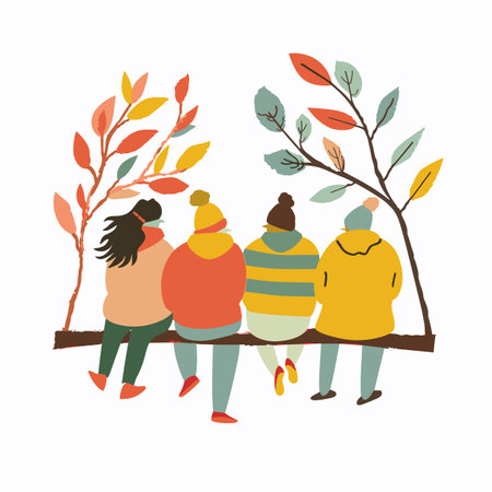 Four diverse friends sitting together bench amongst colorful autumn leaves, wear casual fall outfits jackets, beanies, jeans, facing away, enjoying nature. Artistic friendship concept, simple shapesのイラスト素材