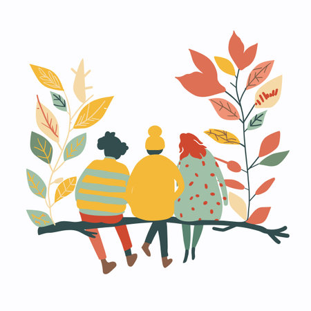 Three diverse friends sitting together branch, surrounded colorful leaves. Casual clothing relaxed postures signify friendship leisure time. Simplistic, stylized representation promotes inclusivityのイラスト素材