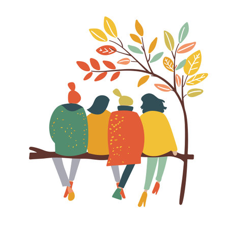 Three friends sitting branch autumn vibe conversation. Women enjoy talking seated outdoors fall season colorful leaves. Autumnal setting friendship concept graphic designのイラスト素材