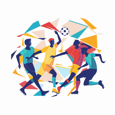 Dynamic soccer players engaged game, vibrant geometric shapes background. Male athletes playing football, colorful kits, motion representation, abstract style. Energetic sporting event, soccer matchのイラスト素材