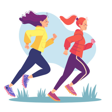 Two women jogging outdoors, healthy lifestyle concept. One has dark hair, yellow jacket, blue pants, redhead, red jacket, purple pants. Both wear running shoes, active movement, joyful expressionsのイラスト素材