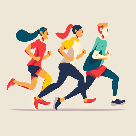 Three runners engaged exercise, demonstrating fitness movement, showing diversity sport, runner displays unique running attire athleticism during marathon race. Illustration captures motionのイラスト素材