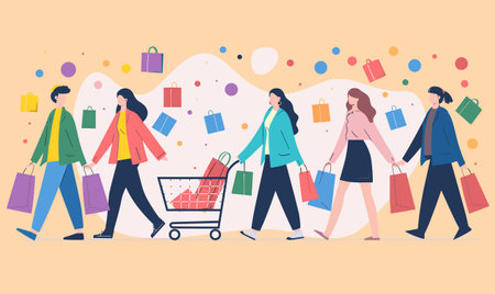 Five diverse adults engaged shopping, carrying colorful bags, casual business attire. Cartoon characters shopping together, pushing cart full purchases, abstract background. Men women enjoyingのイラスト素材