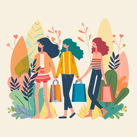 Three young women shopping together, carrying colorful bags, walking amongst stylized plants. Female friends enjoying retail therapy, dressed casual outfits, cheerful atmosphere, abstract foliageのイラスト素材