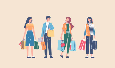 Two women one man shopping, holding bags, casual clothes. Group friends enjoying retail therapy, bags stores, happy. Shoppers walking, diverse, colorful attire, holding multiple shopping bagsのイラスト素材