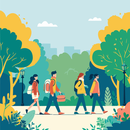 Four young adults walking through park, two male, two female, casual attire, daytime scene. Diverse group strolls past trees, cityscape background, peaceful atmosphere. Commuters backpacks, oneのイラスト素材