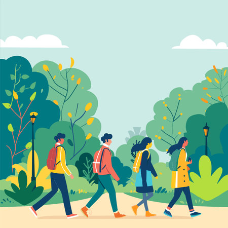Four people walking side side park, leisure activity, casual clothing, youthful group, diverse, daytime stroll. Friends enjoying walk together outdoors, animated style, greenery, urban settingのイラスト素材