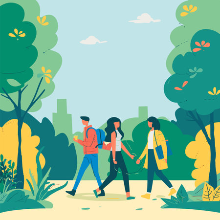 Three people walking through city park, surrounded lush greenery skyline background. Young adults, two females one male, enjoy sunny day outdoors, dressed casual attire. Male carries backpackのイラスト素材