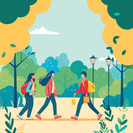 Two young women walking through park chatting, casual clothing, backpacks, sunny day. Friends stroll outdoor, trees, nature, path, peaceful, daytime, colorful illustration. Female characters enjoyのイラスト素材