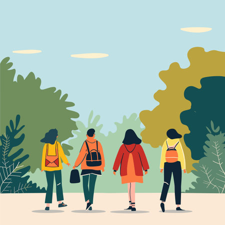 Four people walking through park peaceful stroll friends group diverse individuals. Casual clothing backpacks outdoors leisure activity bonding. Illustration depicts people walking away experiencingのイラスト素材