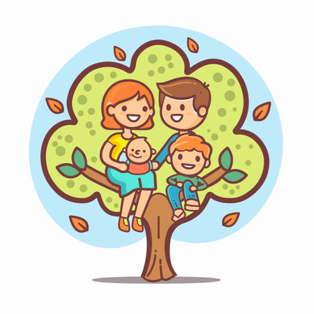 Cartoon family tree climbing illustration. Happy family four playing tree cartoon. Cartoon kids parents enjoying nature illustrationのイラスト素材