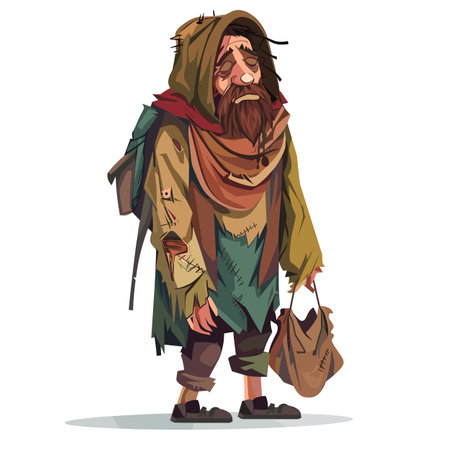 Elderly bearded man, wearing tattered clothing, stands hunched walking stick bag. Fatigued wanderer carrying belongings, isolated against plain backdrop. Rugged traveler patched garments exudingのイラスト素材