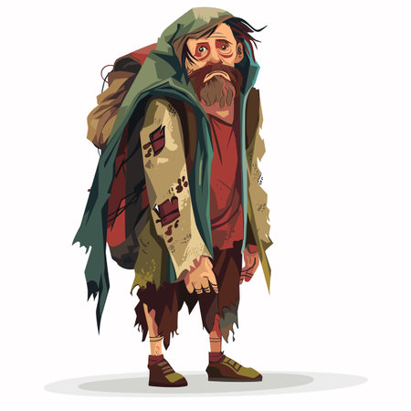 Homeless man illustration, looking tired sad, wearing tattered clothes large coat. Drawing male character beard, unkempt hair, patched jacket, expressing despair. Cartoon homeless person standsのイラスト素材
