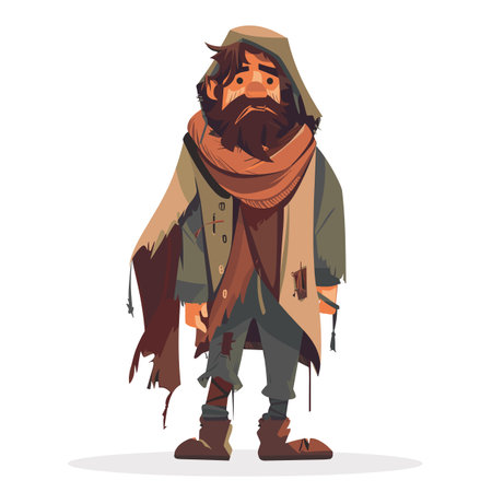 Middleaged man portrayed, rugged appearance, beard, tattered clothing signifies homeless vagabond character. Stands desolate, forlorn expression, depicting hardship, survival, lifes strugglesのイラスト素材