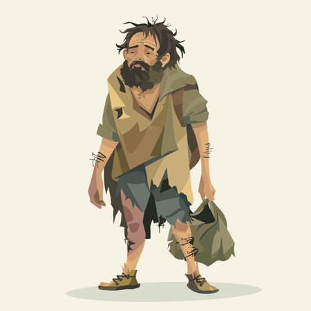 Illustration presents disheveled man wandering, tattered clothes evident hardship. Man appears homeless, exhausted, carrying belongings bag, sadness demeanor. Art style dramatizes struggles povertyのイラスト素材