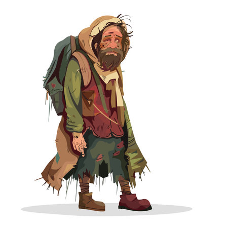 Homeless man looking tired disheveled, carrying backpack, wearing ragged clothing. Male cartoon character beard injuries, appearing need help, standing isolated. Distressed wanderer illustrationのイラスト素材