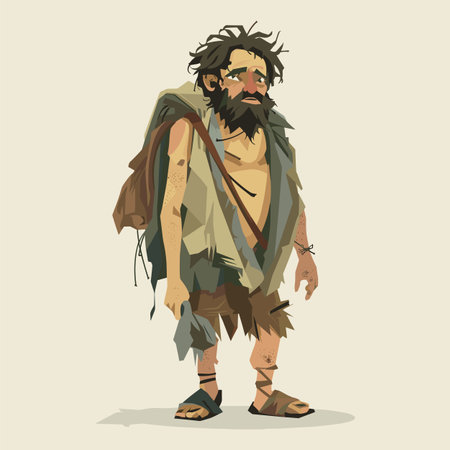 Cartoon illustration disheveled man beard backpack looking tired, wanderer traveling alone. Male character torn clothes, exhausted traveler stands heavy load. Homeless person ragged attire, unkemptのイラスト素材