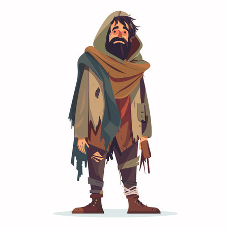 Homeless man looks destitute, disheveled beard tattered clothes sad expression. Wanderer tired standing alone weary cloak boots ragged appearance isolated background. Beggar poor state melancholicのイラスト素材