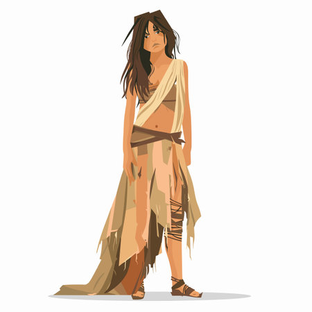 Indigenous woman standing defiant, traditional tribal attire, animated. Brown tattered clothes, tribal look, fierce expression character representation. Female warrior stance, determined lookのイラスト素材