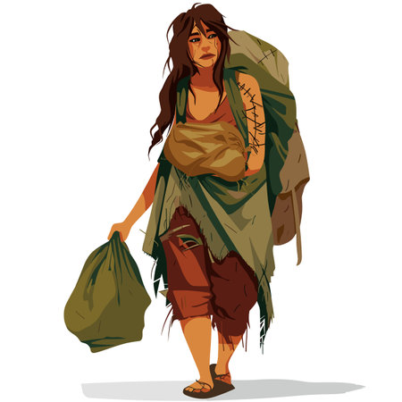 Young female character looking tired, carrying bags, wearing tattered clothes, implying poverty homelessness. Distressed woman walking, disheveled hair, patched garment, depicting societal issuesのイラスト素材