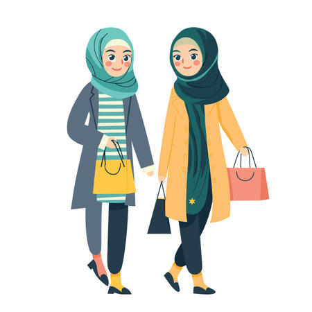 Two young Muslim women walking together wearing stylish hijabs coats holding shopping bags. Friends enjoy day out shopping, dressed modest fashion, scarves, outerwear. Cartoon illustration femaleのイラスト素材