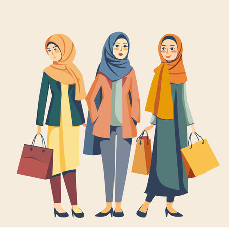 Three Muslim women wearing hijabs shopping, carrying colorful bags, fashionable Islamic clothing. Confident female shoppers stroll, diverse hijabi ethnicity, modern modest fashion, urban backgroundのイラスト素材