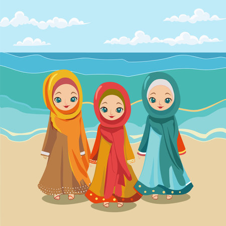 Three young girls wearing colorful hijabs walking together sunny beach, sand underfoot, ocean waves background. Children smiling, holding hands, enjoying seaside stroll, warm climate attire. Ethnicのイラスト素材