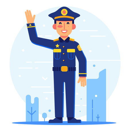 Friendly police officer cartoon saluting, smiling policeman illustration, law enforcement character uniform. Officer greeting hand up, male cop police outfit, public servant vector drawing. Cartoonのイラスト素材