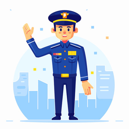 Young male police officer saluting, wearing blue uniform, cityscape background. Friendly policeman salute gesture, professional law enforcement character, safety, security city scene. Cartoonのイラスト素材