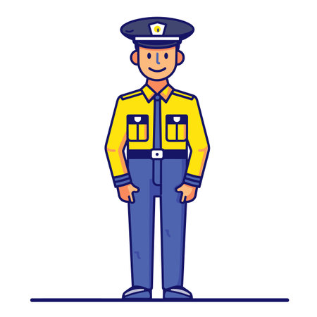 Male cartoon police officer standing confidently, smiling, wearing yellow uniform badge, navy blue pants patrol cap. Flat design law enforcement character isolated white background. Friendly copのイラスト素材