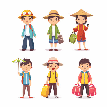 Six cartoon characters Asian tourists sporting travel attire accessories. Various ages, genders, travel outfits represented hold luggage personal items. Characters show smiling faces, ready vacationのイラスト素材