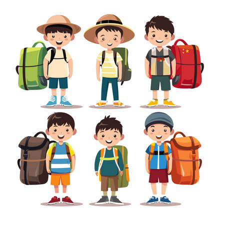 Six cartoon boys ready adventure backpacks, smiling, excited, dressed travel exploration. Children characters appear happy, wearing different travel gear, ready hiking trip. Boys various attireのイラスト素材