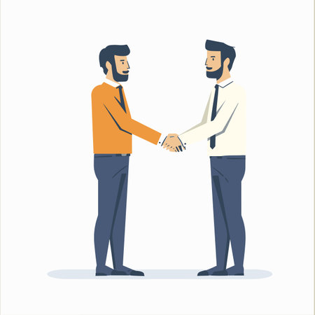 Two men shaking hands friendly greeting, both wearing business attire, one orange sweater white shirt. Adult male characters engaging handshake, suggesting business deal partnership, professionalのイラスト素材